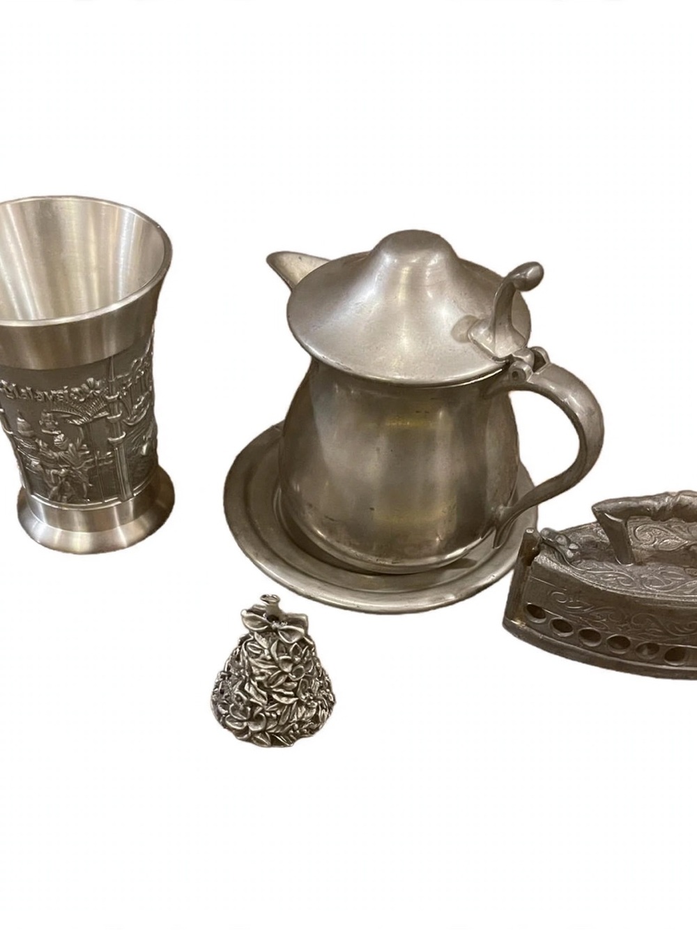 Vintage Pewter Miniatures Lot of 4 Woodbury Pitcher-Malaysia Cup-Italian Iron
